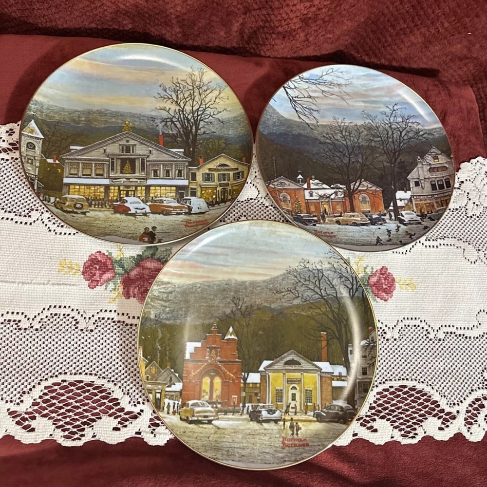 Norman Rockwell Collection Plates "Stockbridge in Winter" 1981-83. Set Of 3. 10"